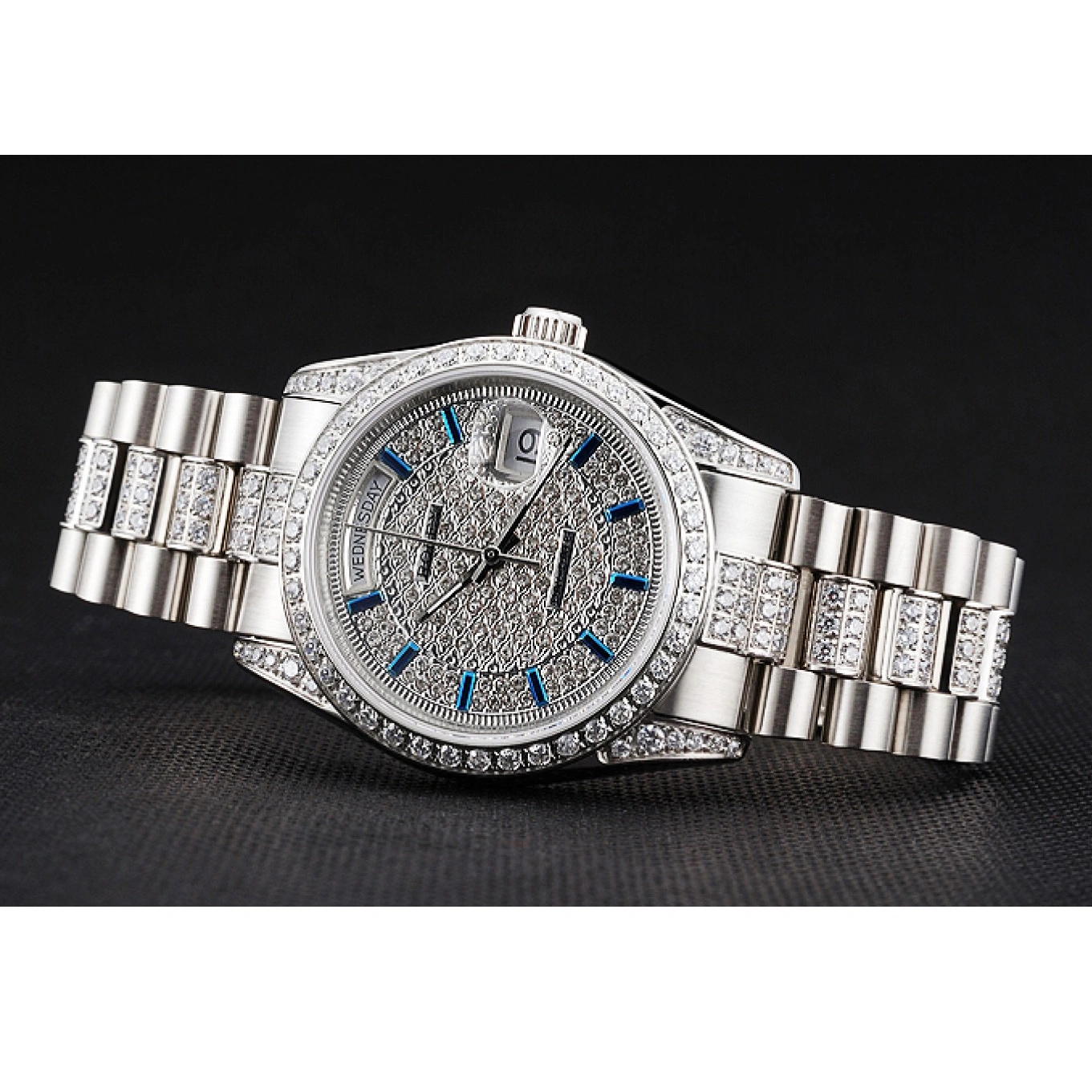 MiroTime 1026 Swiss Rolex Day Date Diamond Pave Dial And Bezel And Stainless Steel Bracelet